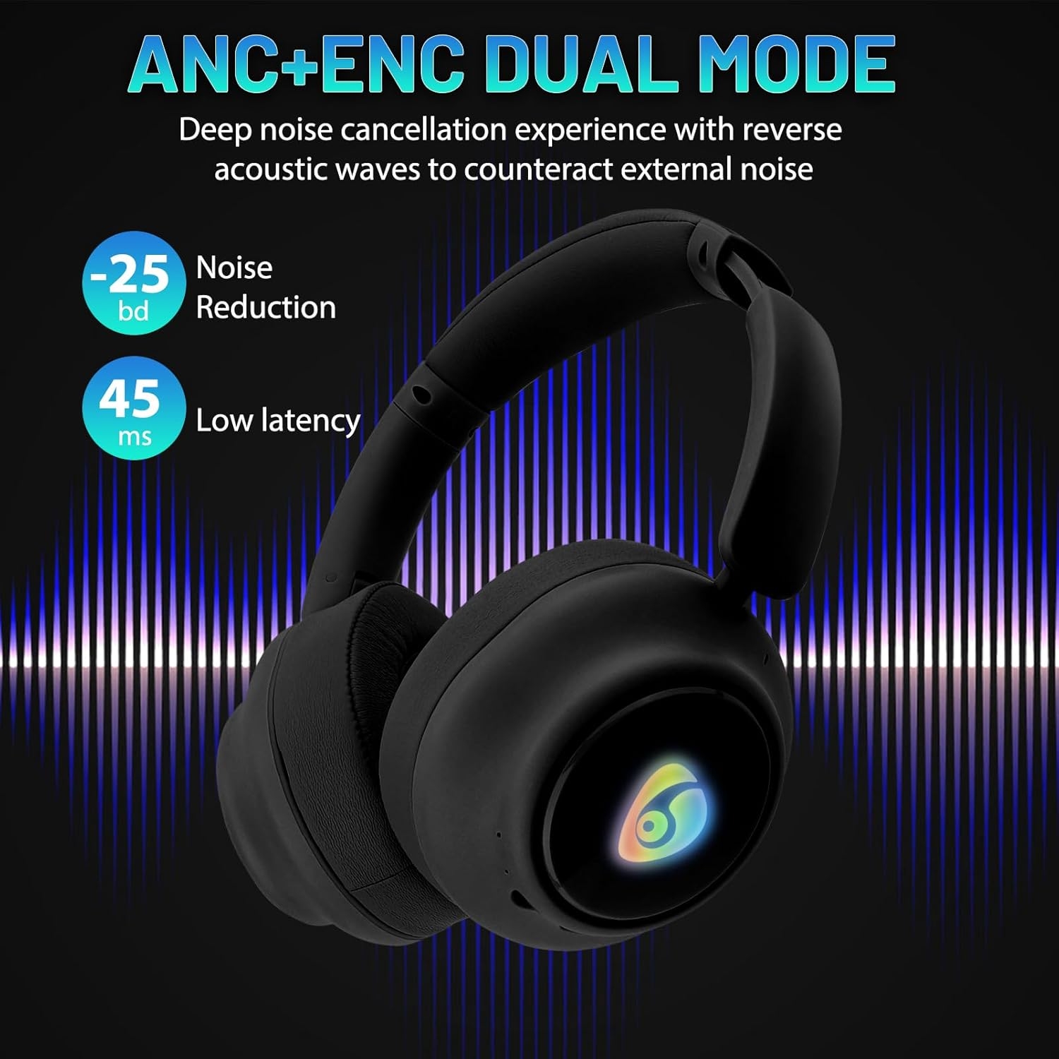 Wireless Bluetooth Headphones | Over-Ear Headphones | Foldable Wireless Stereo Headphones Built-in Microphone, RGB LED Backlit, Black