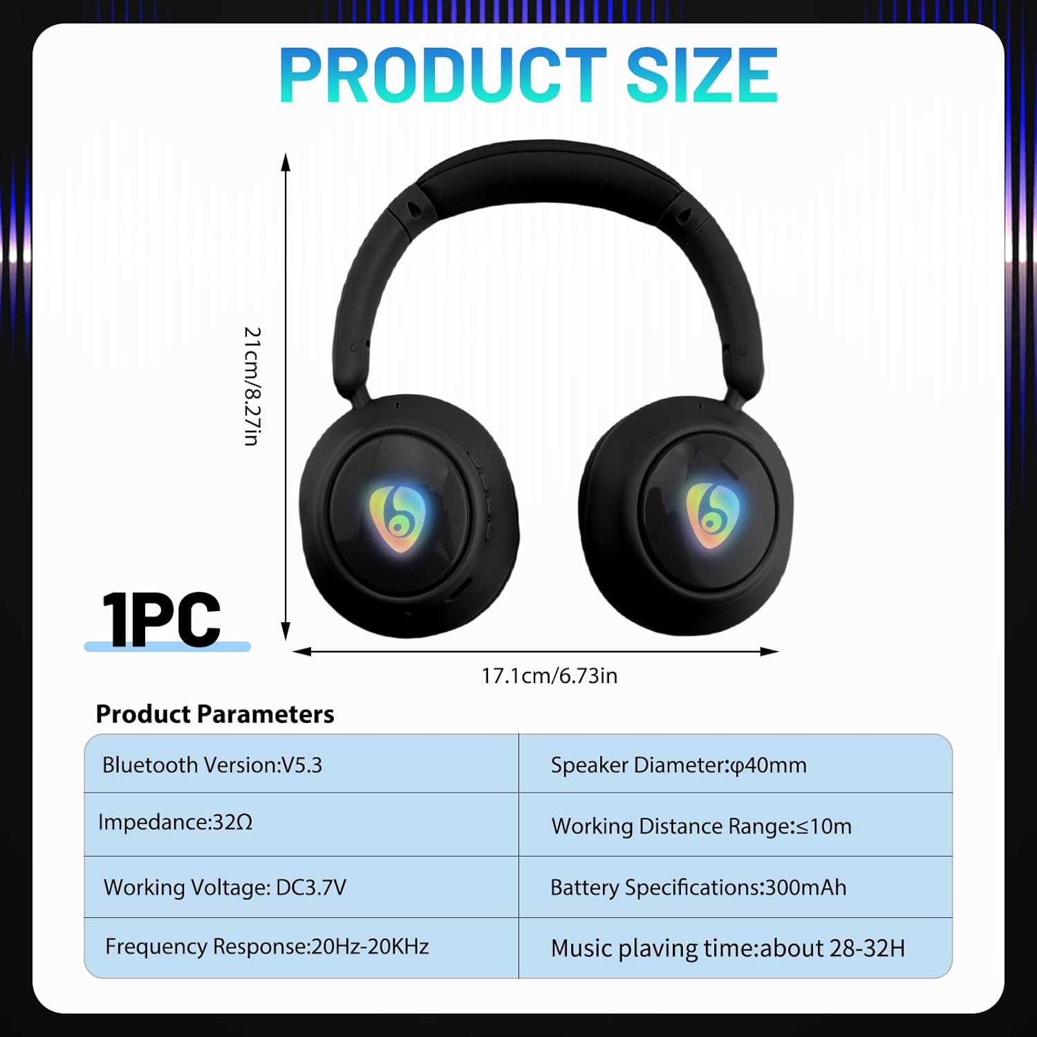 Wireless Bluetooth Headphones | Over-Ear Headphones | Foldable Wireless Stereo Headphones Built-in Microphone, RGB LED Backlit, Black