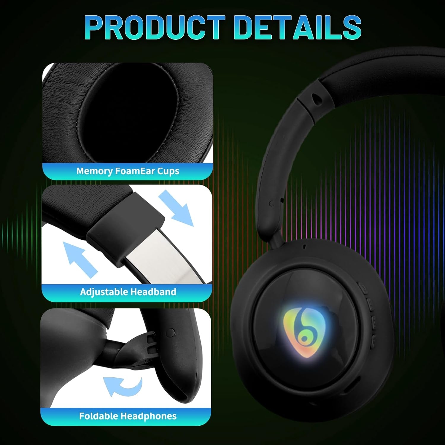 Wireless Bluetooth Headphones | Over-Ear Headphones | Foldable Wireless Stereo Headphones Built-in Microphone, RGB LED Backlit, Black