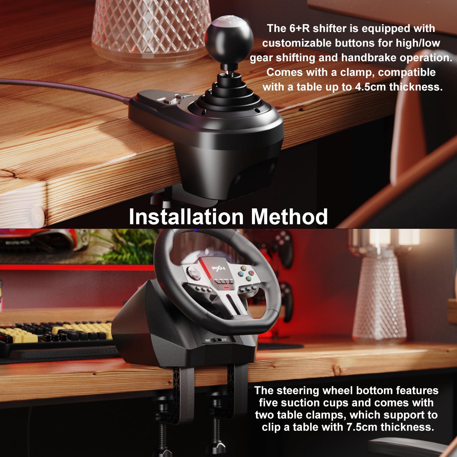 PXN V9 GEN2 PC Steering Wheel and Shifter and Pedal, Gaming Steering Wheel with Paddle Shifters, Hall-effect Pedal, 6+R Shifter, Racing Steering Wheel for PS4, PS3, Xbox Series X/S, Xbox One, PC