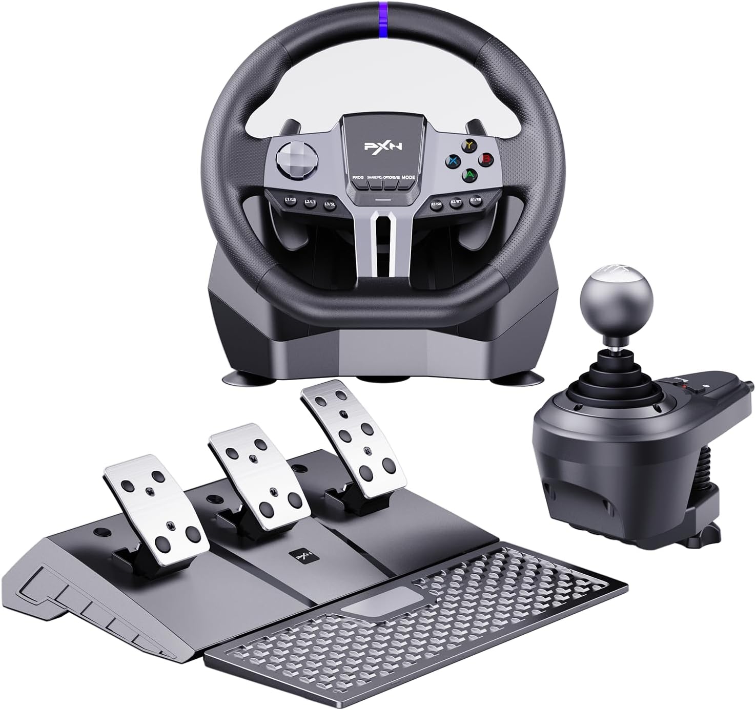 PXN V9 GEN2 PC Steering Wheel and Shifter and Pedal, Gaming Steering Wheel with Paddle Shifters, Hall-effect Pedal, 6+R Shifter, Racing Steering Wheel for PS4, PS3, Xbox Series X/S, Xbox One, PC