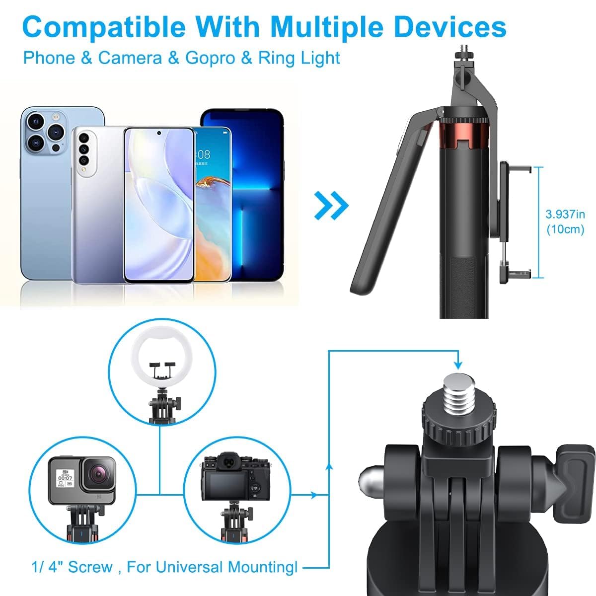 P185 Aluminum Alloy 1.8m Handheld Stabilizer Floor Telescopic Pole Quadrupod Mobile Phone Monopod Selfie Stick