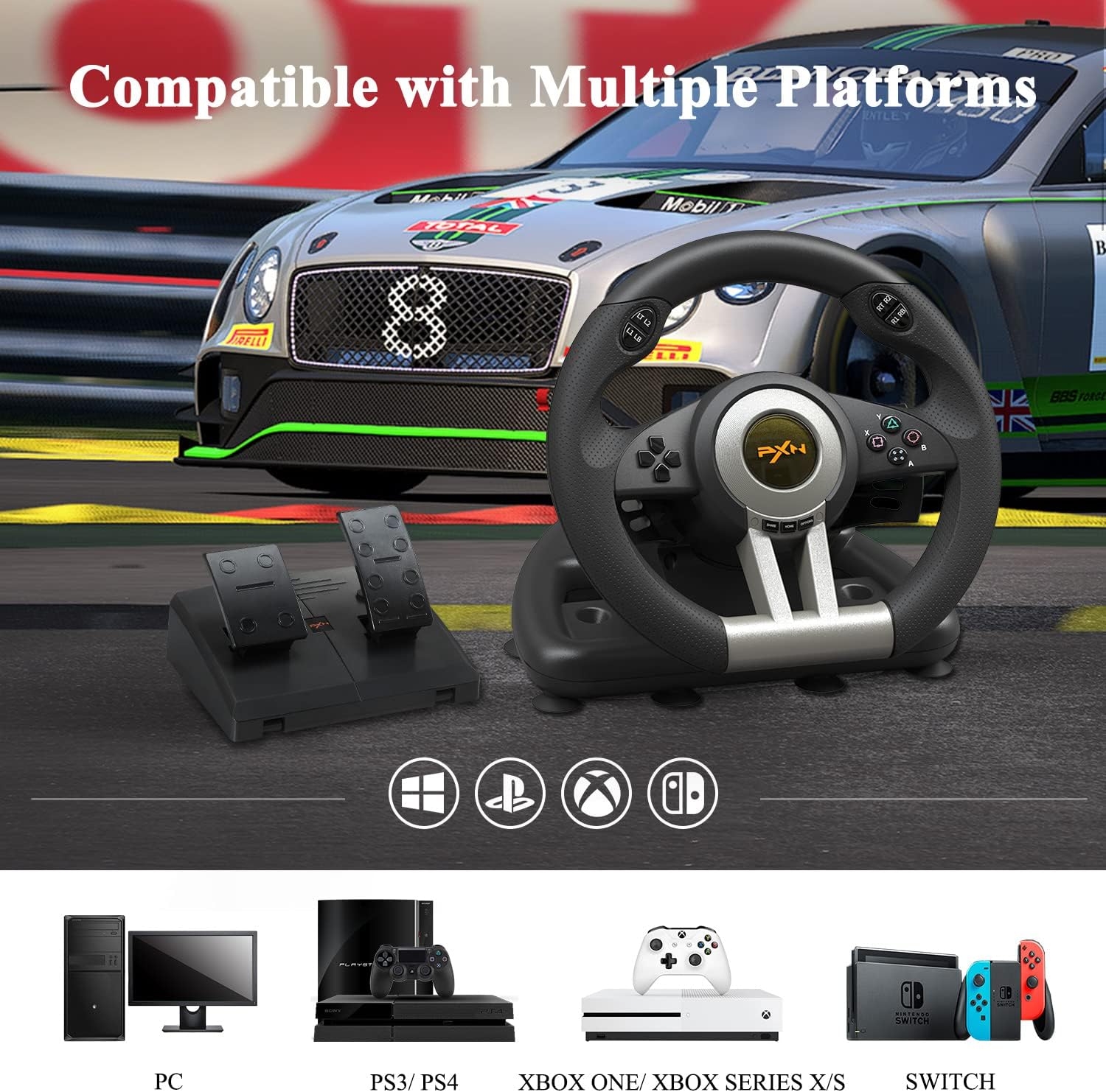 PXN V3 PRO Gaming Steering Wheel and Pedals, 180° Racing Wheel with Vibration Feedback,Xbox Steering Wheel, Gaming Wheel for PC, PS3, PS4, Xbox One, Xbox Series X/S, Switch -Black