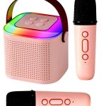 Kids Karaoke Machine with Wireless Microphones, RGB Lights, Bluetooth Speaker, 6W Sound, 5 Voice Modes, Portable Design for Ages 4-15, Pink