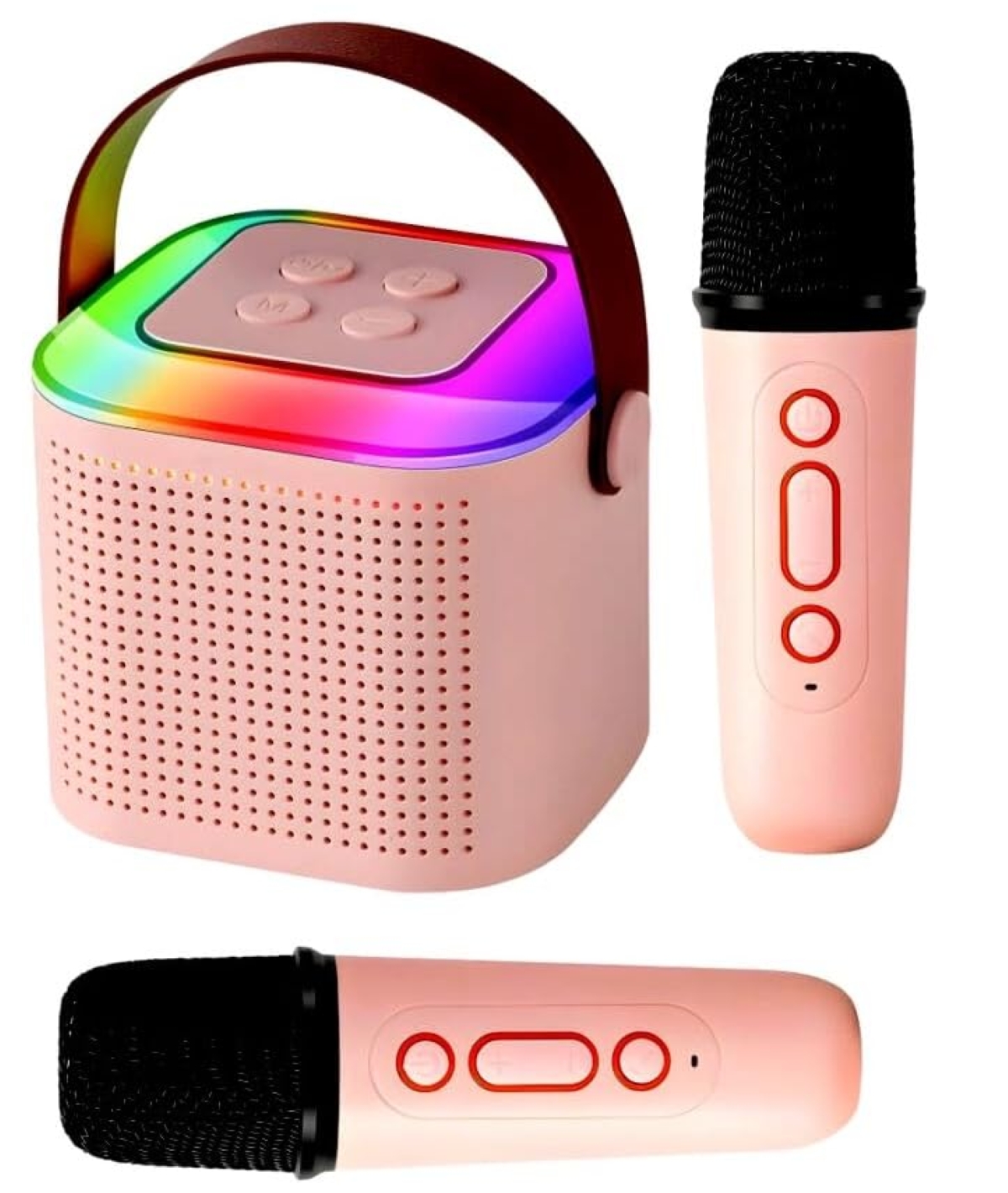 Kids Karaoke Machine with Wireless Microphones, RGB Lights, Bluetooth Speaker, 6W Sound, 5 Voice Modes, Portable Design for Ages 4-15, Pink