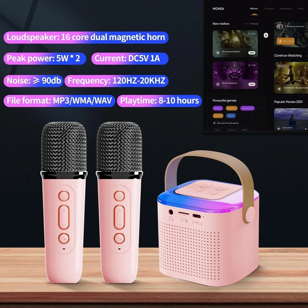 Kids Karaoke Machine with Wireless Microphones, RGB Lights, Bluetooth Speaker, 6W Sound, 5 Voice Modes, Portable Design for Ages 4-15, Pink